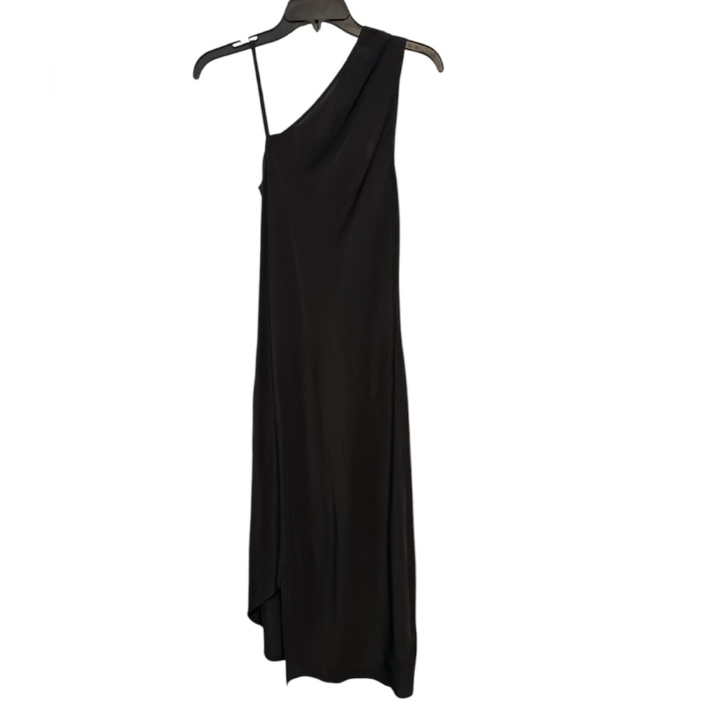 All Saints black asymmetrical silk slip dress with one shoulder design